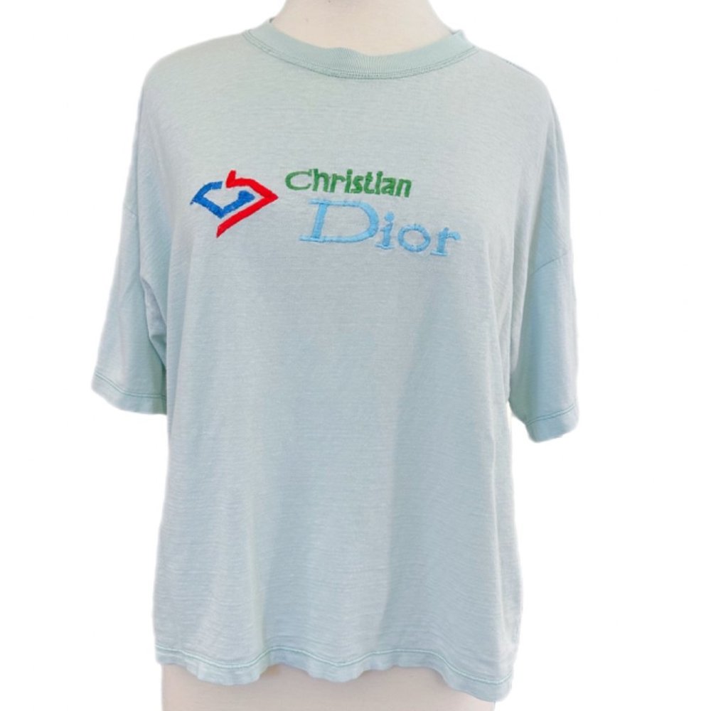 VTG 90s Christian Dior Light Blue Logo Boxy Tee | No Size Label